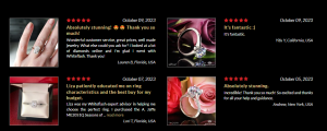 Four most recent and positive customer reviews on the Whiteflash website. The first photo shows a hand wearing a diamond ring, the seond photo is a diamond ring with a lilac rose background, the third photo shows a diamond ring in its case, and the last photo is a diamond ring with a pink rose in the background. All of the reviews gave a 5-star rating. 