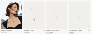 Necklaces from the Hearts of Georg Jensesn Collection, All of them have a heart pendant two silver and two gold