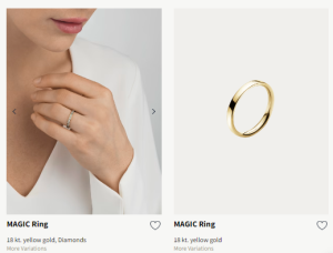 The left photo shows the Magic Ring made of 18 kt. yellow gold, and diamonds. On the right side is another Magic ring band made of 18 kt. yellow gold.