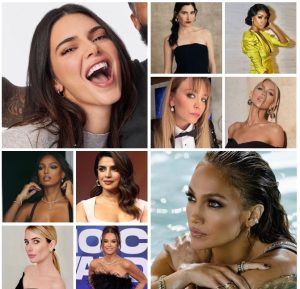 A collage of photos of celebrities wearing Melinda Maria jewelry some famous celebrities are Jennifer Lopez, Priyanka Chopra, Kendall Jenner, and many more 