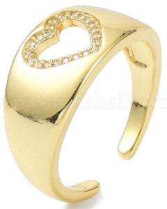 a gold adjustable ring with heart-shaped hole. The outline of the heart is studded with tiny diamonds.