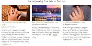 Latest Jewelry Educational Articles from Estate Diamond Jewelry, three articles are featured entitled: Top 30 Second-Hand Engagement Rings, Best Paces to Propose in New York, Top 20 Oval Engagement Rings