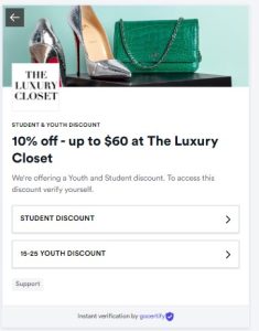 Student discount for the Luxury Closet student customers