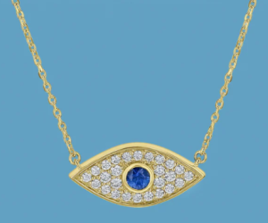 Evil Eye Diamond Necklace, gold eye shape with diamond gemstones and blue gemstone in the center, connected in golden chain.