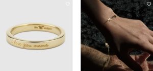 The jewelry on the left side is a simple gold band with the inscription "I love you mama," the jewelry on the right is a gold bracelet with the word mama.