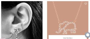 The photo on the left is an ear wearing an elephant earrings while on the right side is an elephant outline pendant that is diamond studded. 
