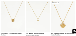 Three jewelry from Missoma's Lucy Williams collaboration collection. The first jewelry is named Lucy Williams Byzantine coin pendant necklace, the middle necklace is Lucy Williams tiny horn necklace made of 18ct gold plated vermeil, the last jewelry is a necklace named Lucy Williams engravable fortuna arc coin pendant necklace.